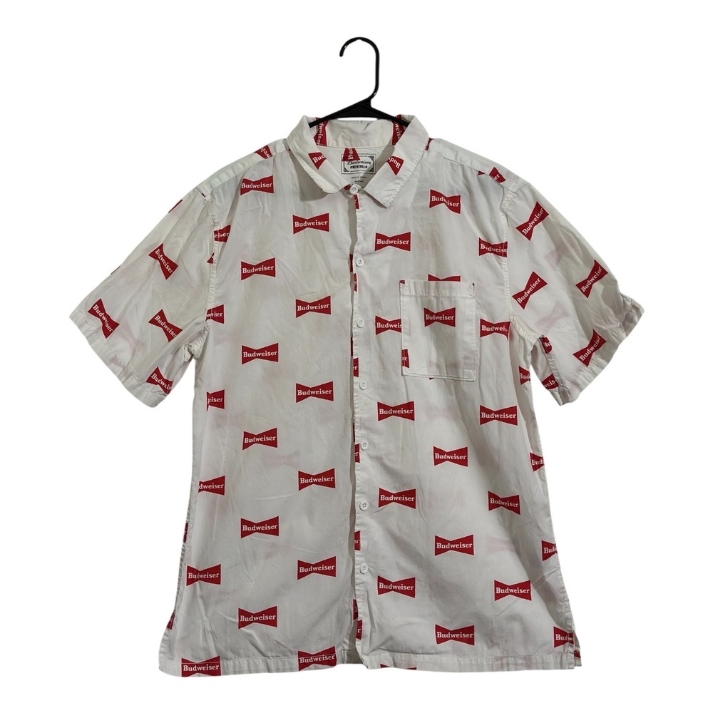 Budweiser BeenTrill Short Sleeve Button Down Shirt White Red Logo Men's Medium